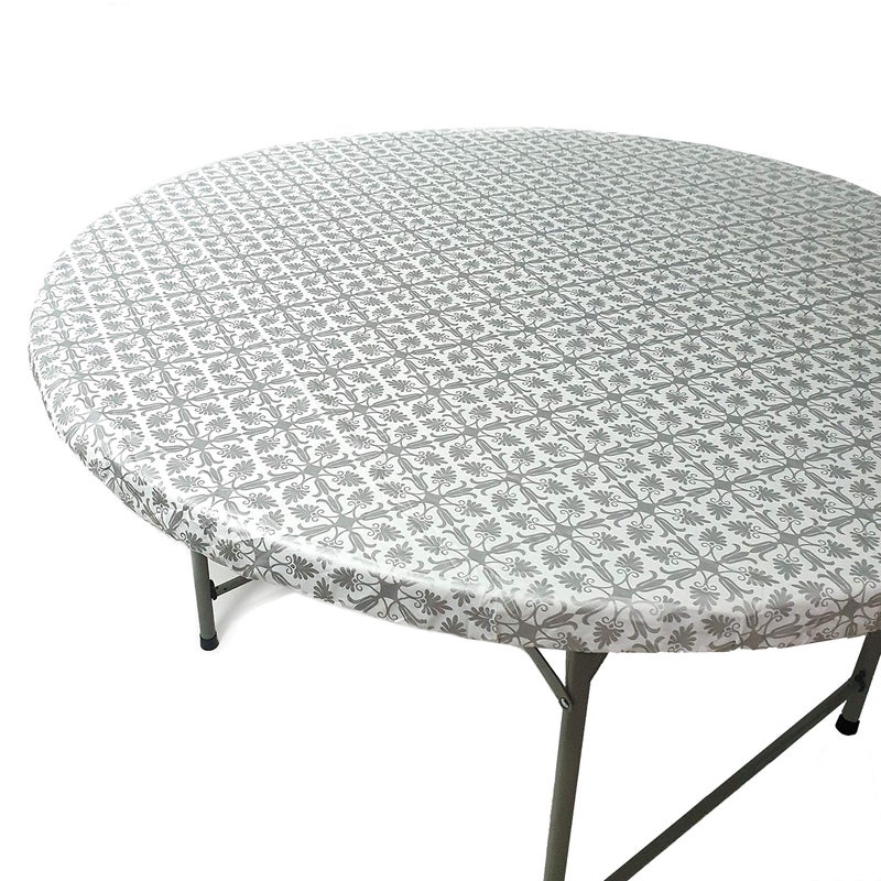 TopTableCloth Fits Tables up to 31" to 36" Inch Round Tablecloth Elastic Silver Pattern Small TableCover Outdoor Plastic Elasticated Christmas Dining Wedding Tablecloths Vinyl Flannel Backed Bar Party - Image 1